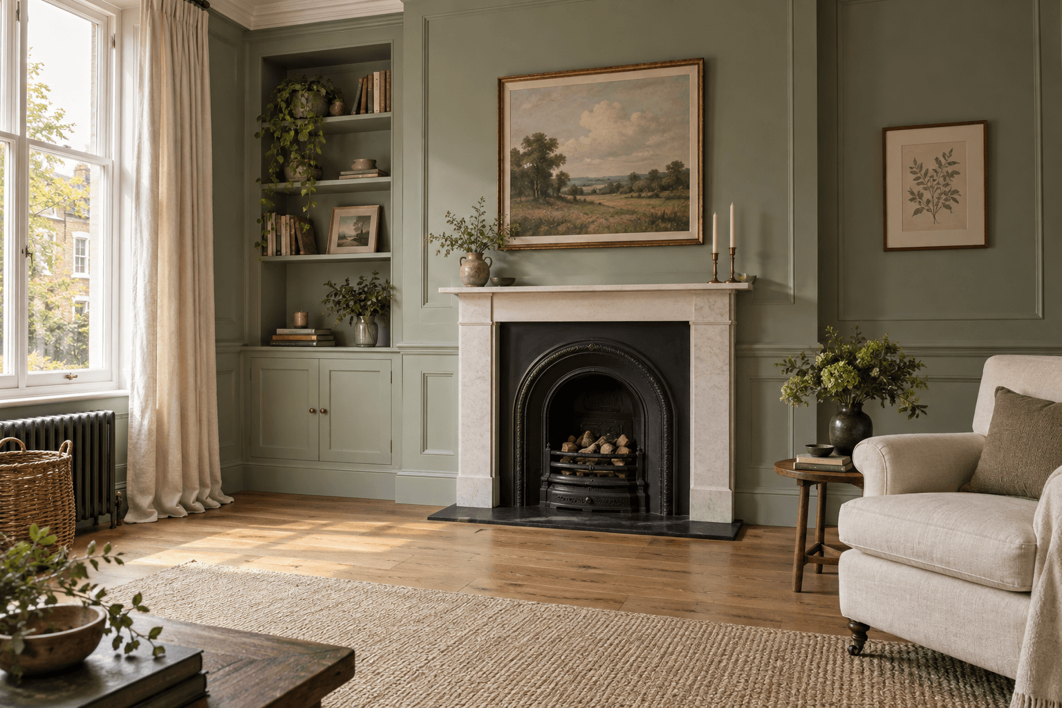 Illustrative sage-green sitting room with painted panelling.